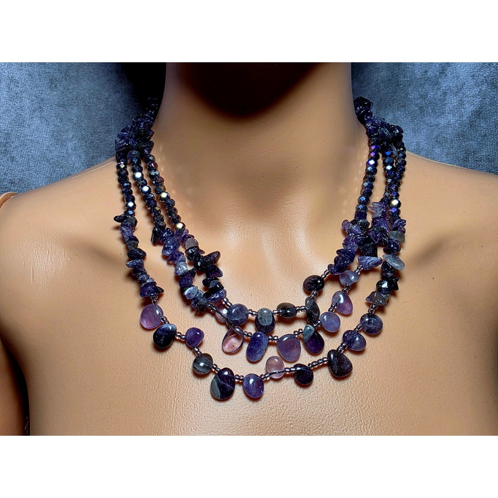 Multi Strand Purple Amethyst Chip Gemstone Necklace Statement Choker‎